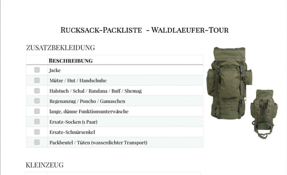 Titelbild Checkliste Waldläufer Rucksack
